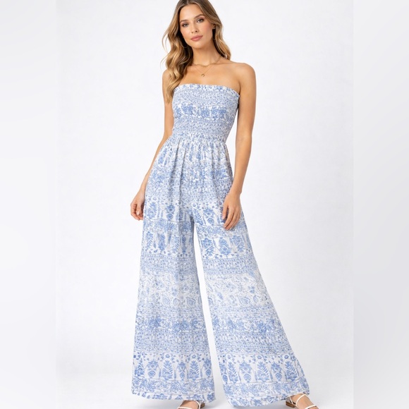 Billabong Pants - Billabong Light Blue Printed Strapless Wide-Leg Jumpsuit